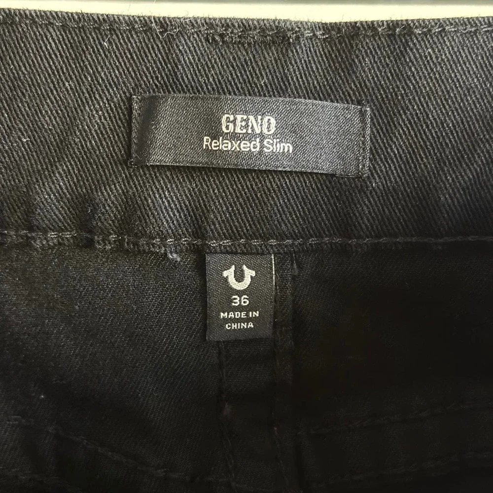True Religion Geno Relaxed Slim Black Jeans Horseshoe Stitch Mens 36x31.5